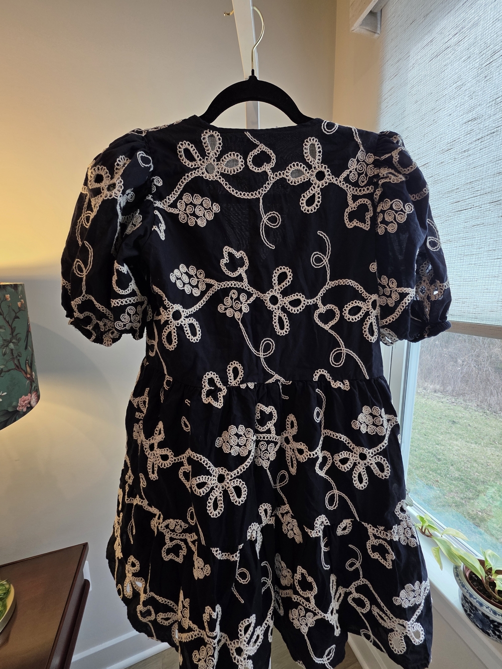 Black Embroidered Cotton Puff-Sleeve Midi Dress Cottagecore Coquette Size XS - Picture 8 of 13